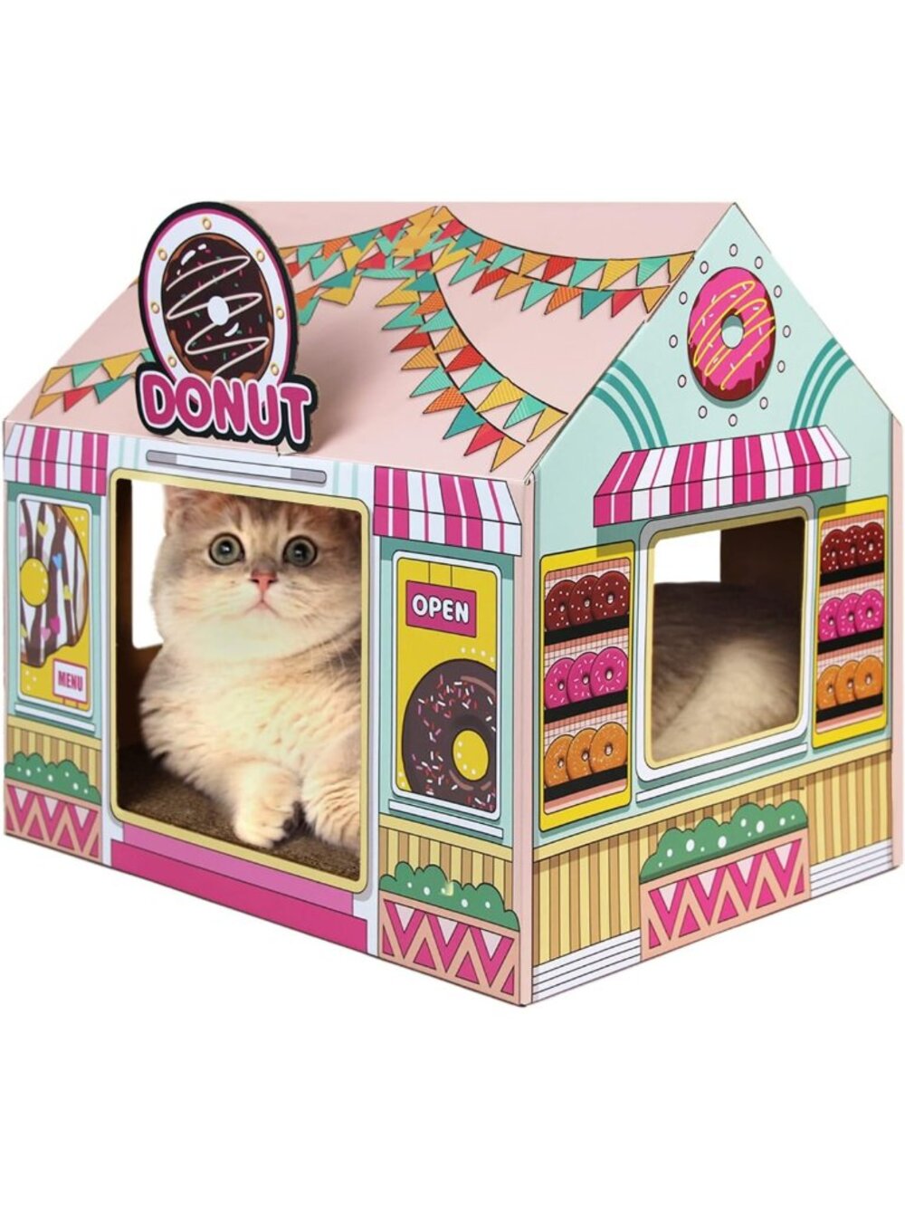 Cozy Cat House with Scratcher & Catnip | Indoor/Outdoor Donut Shop Hideout